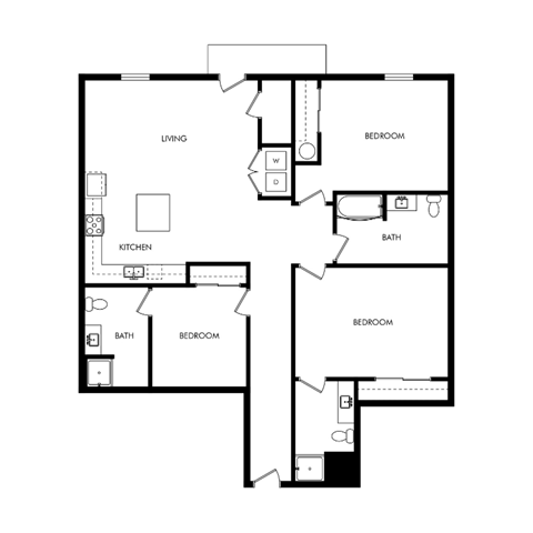 Floor plan for 3 beds, 3 baths, 1299 sqft
